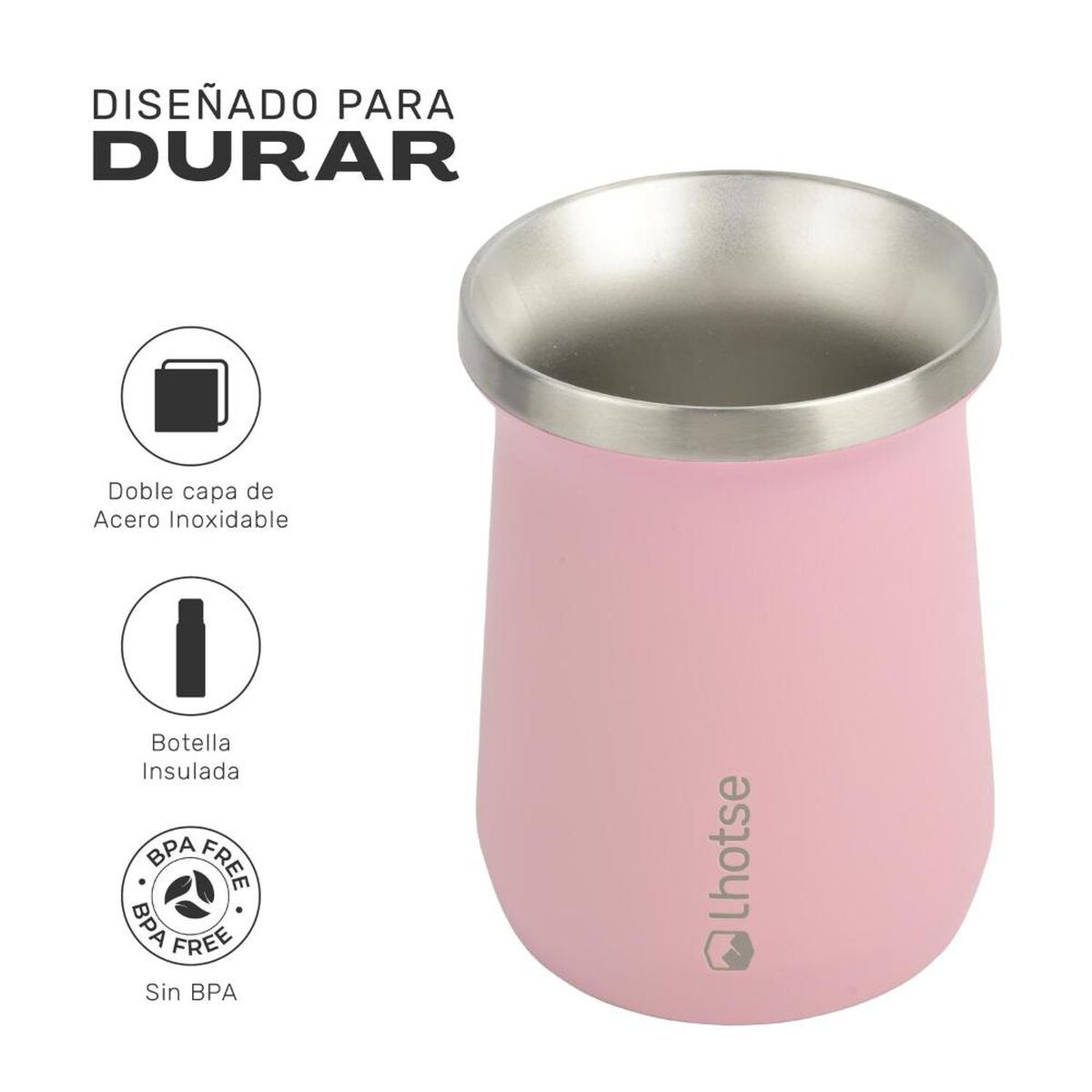 Mate Acero Inoxidable con Bombilla Lhotse Rosa Claro