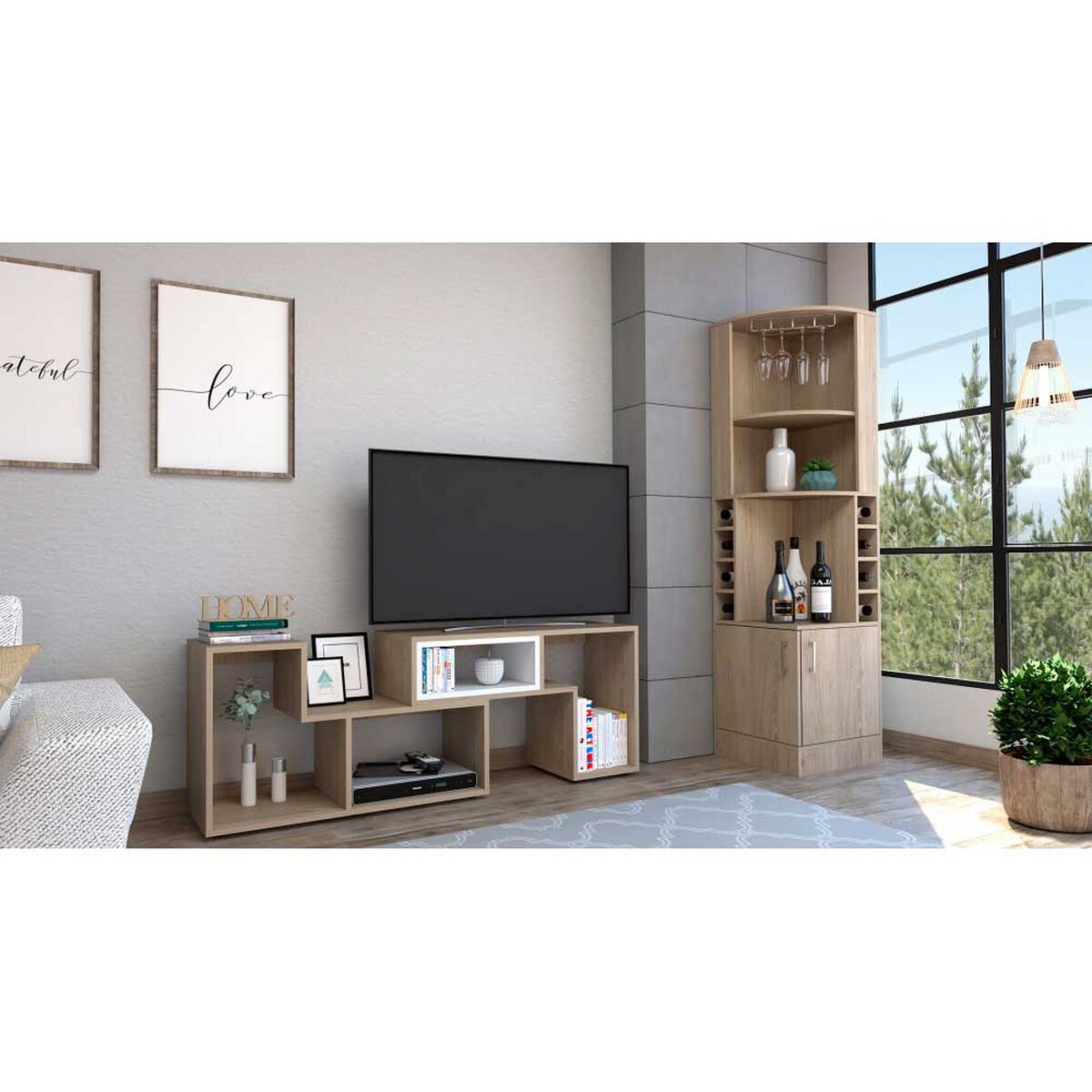 Combo Bar Esquinero + Rack TV40 Extensible TuHome Beijing Rovere Blanco