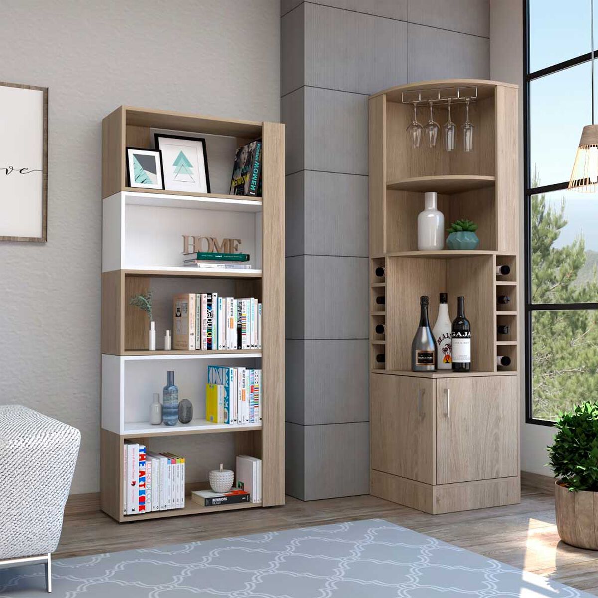 Combo Bar Esquinero + Biblioteca TuHome Beijing Wengue Blanco