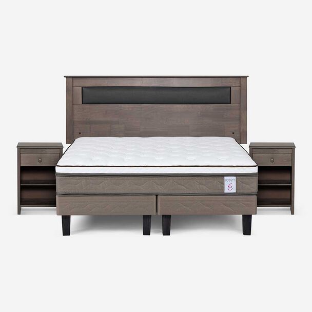Cama Europea Rosen Base Dividida 2 Plazas New style 6 + Respaldo Ferrera Gris + 2 Veladores