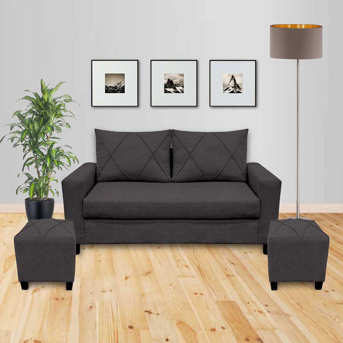 Juego de Living Living Factory Imperio Sofá 2 Cuerpos + Dos Pouf 1 Cuerpo Chocolate
