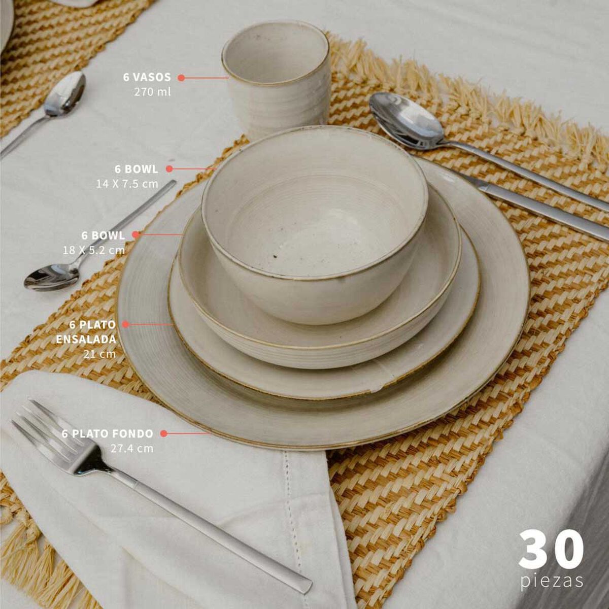 Juego de Vajilla Simplit Siena Cerámica Gres 30 Piezas Beige