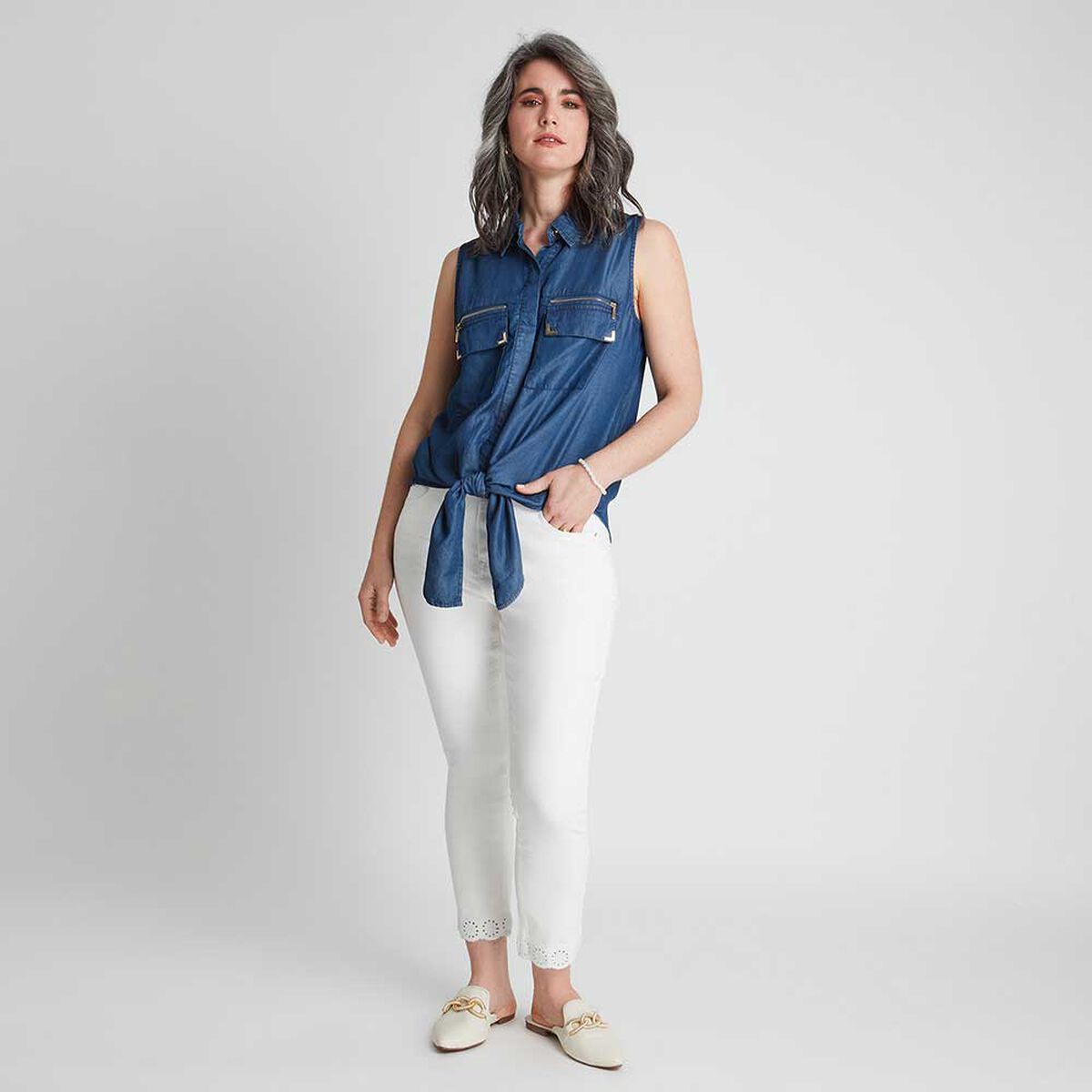 Blusa De Mezclilla Sin Mangas Nudo En Ruedo Mujer Lorenzo Di Pontti