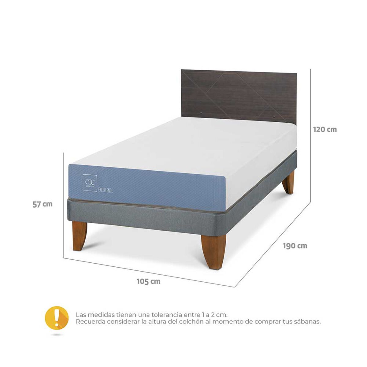 Cama Europea CIC Base Normal 1,5 Plazas Excellence + Respaldo Villarrica