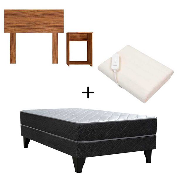 Combo Cama Europea 1,5 Plaza Celta Cádiz 190 x 105 cm + Respaldo 1,5 Plazas + Velador Casanova Nogal + Calientacamas Kioto CY1 1 Plaza