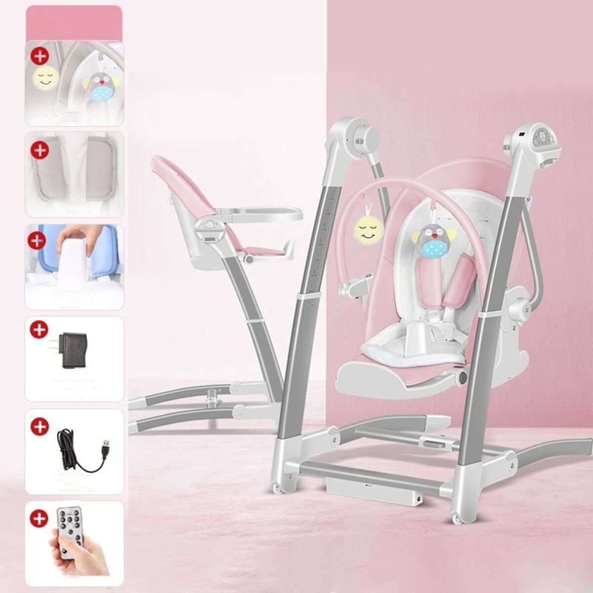 Silla de Comer y  Columpio Mecedor Lujoso Lubabycas Rosada