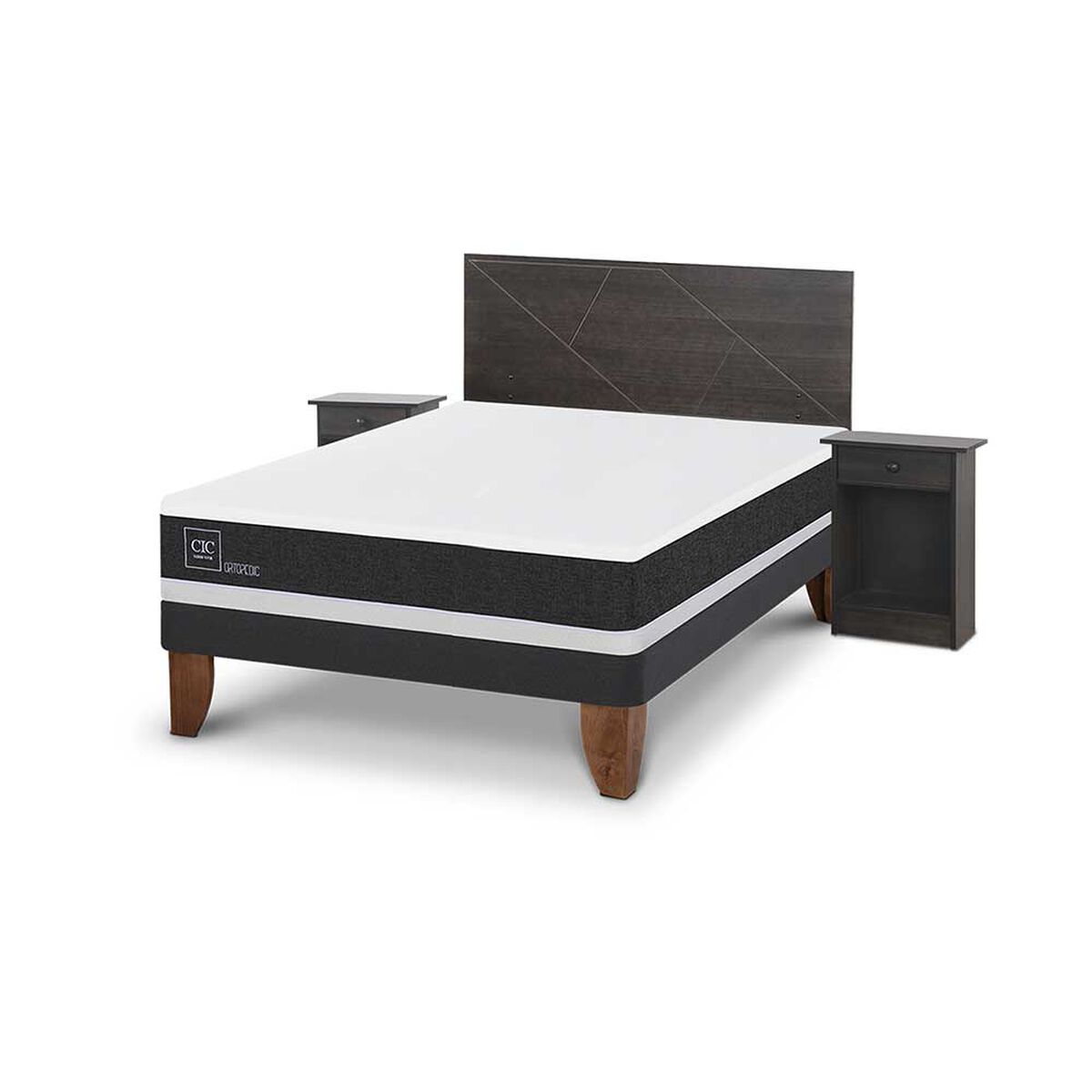 Cama Europea CIC Base Normal 2 Plazas Ortopedic + Respaldo + 2 Veladores Villarrica