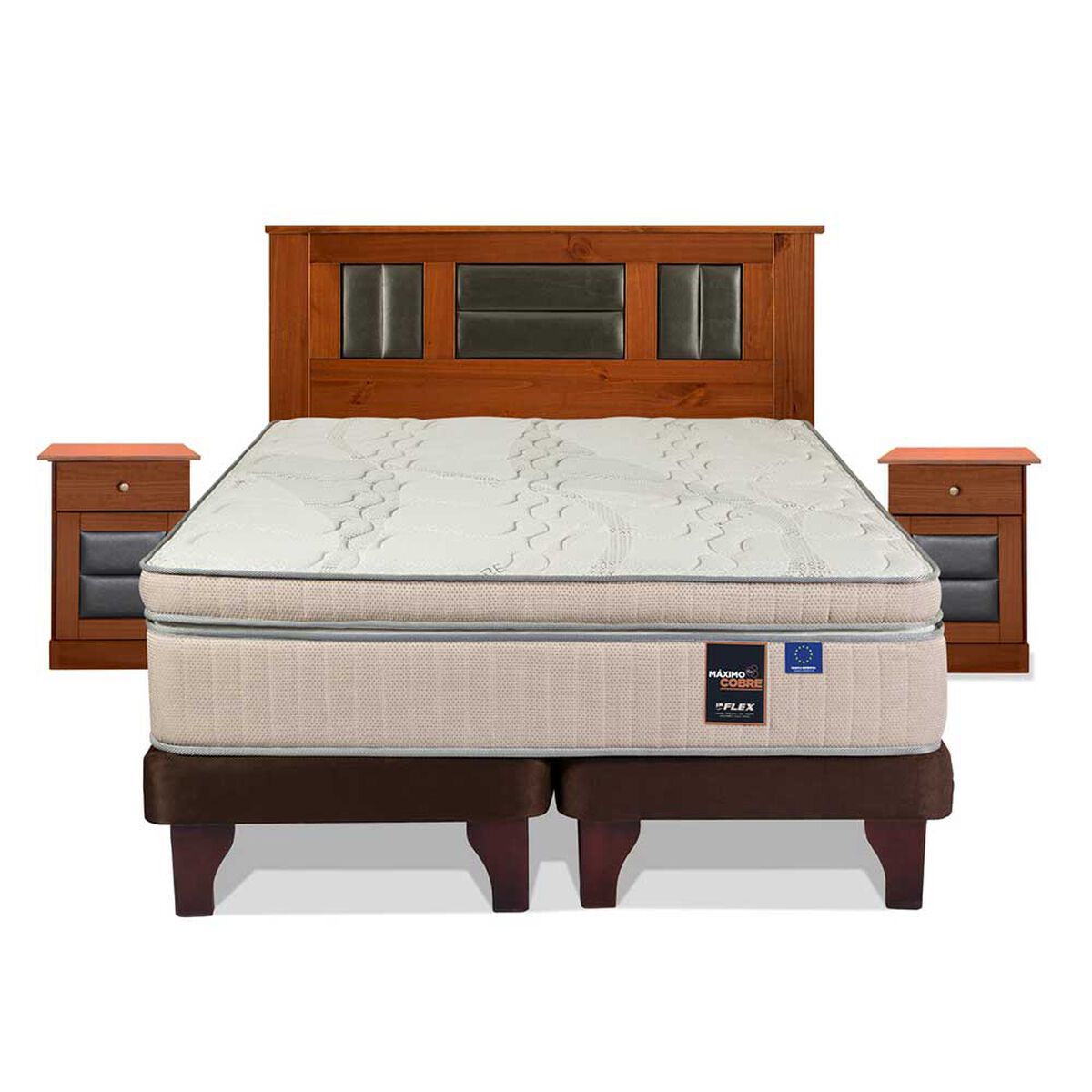 Cama Europea Flex Base Dividida King Máximo Cobre  + Respaldo + 2 Veladores Lorraine
