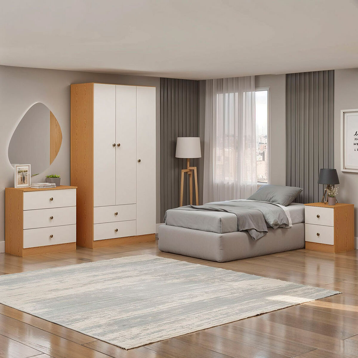 Combo Closet 3 Puertas 2 Cajones + C&oacute;moda 3 Cajones + Velador 2 Cajones Vekkahome Beige Caf&eacute;