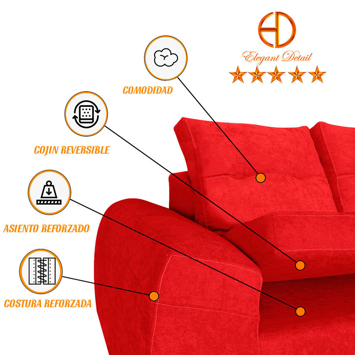 Seccional Derecho Elegant Houston Cheise Tela 5 Cuerpos Rojo