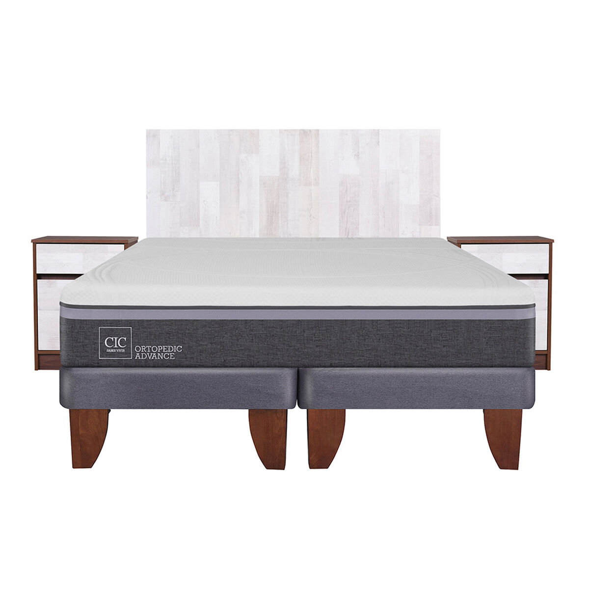 Cama Europea CIC Base Dividida King Ortopedic Advance + Respaldo + 2 Veladores