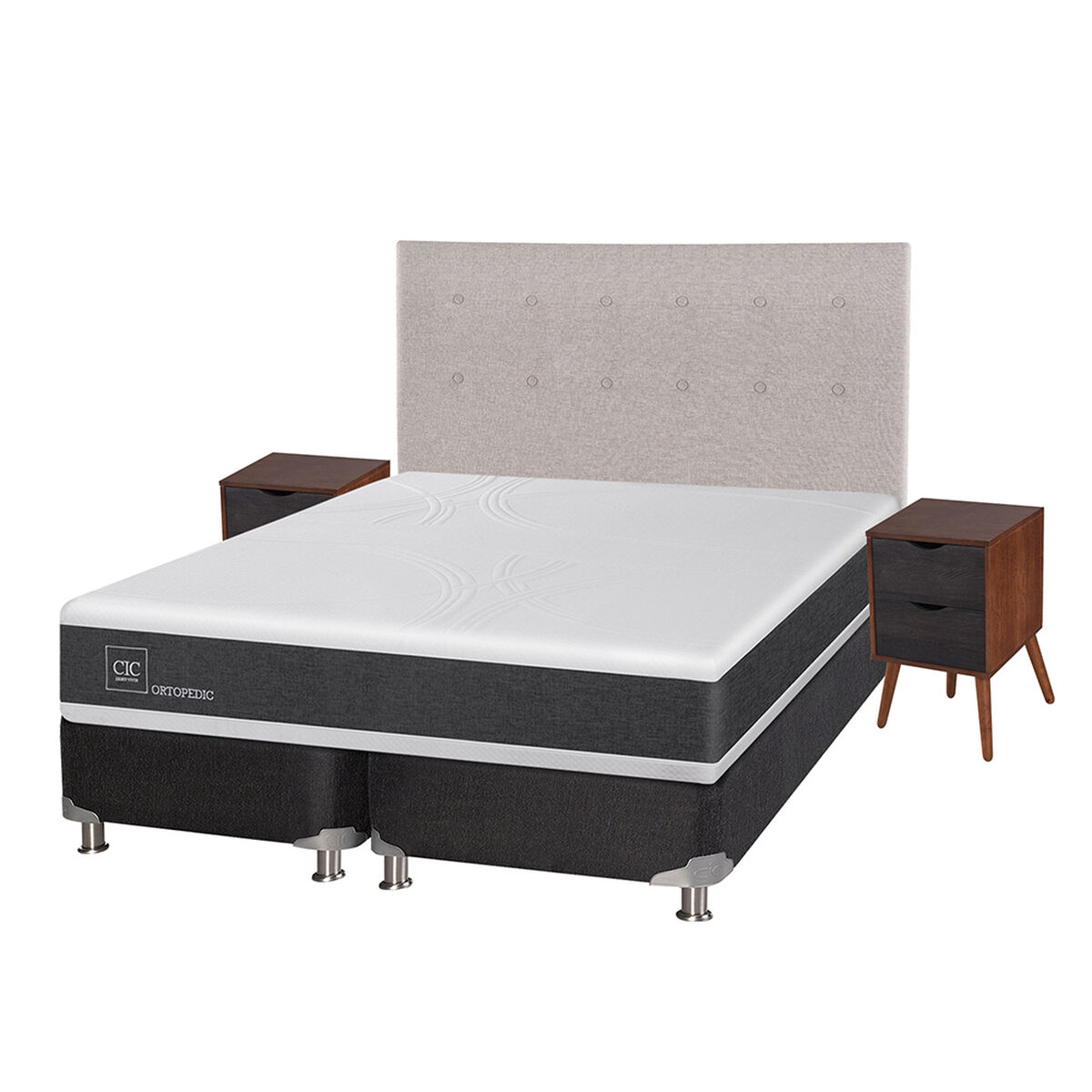 Box Spring CIC Base Dividida 2 Plazas New Ortopedic + Respaldo + 2 Veladores Tigris