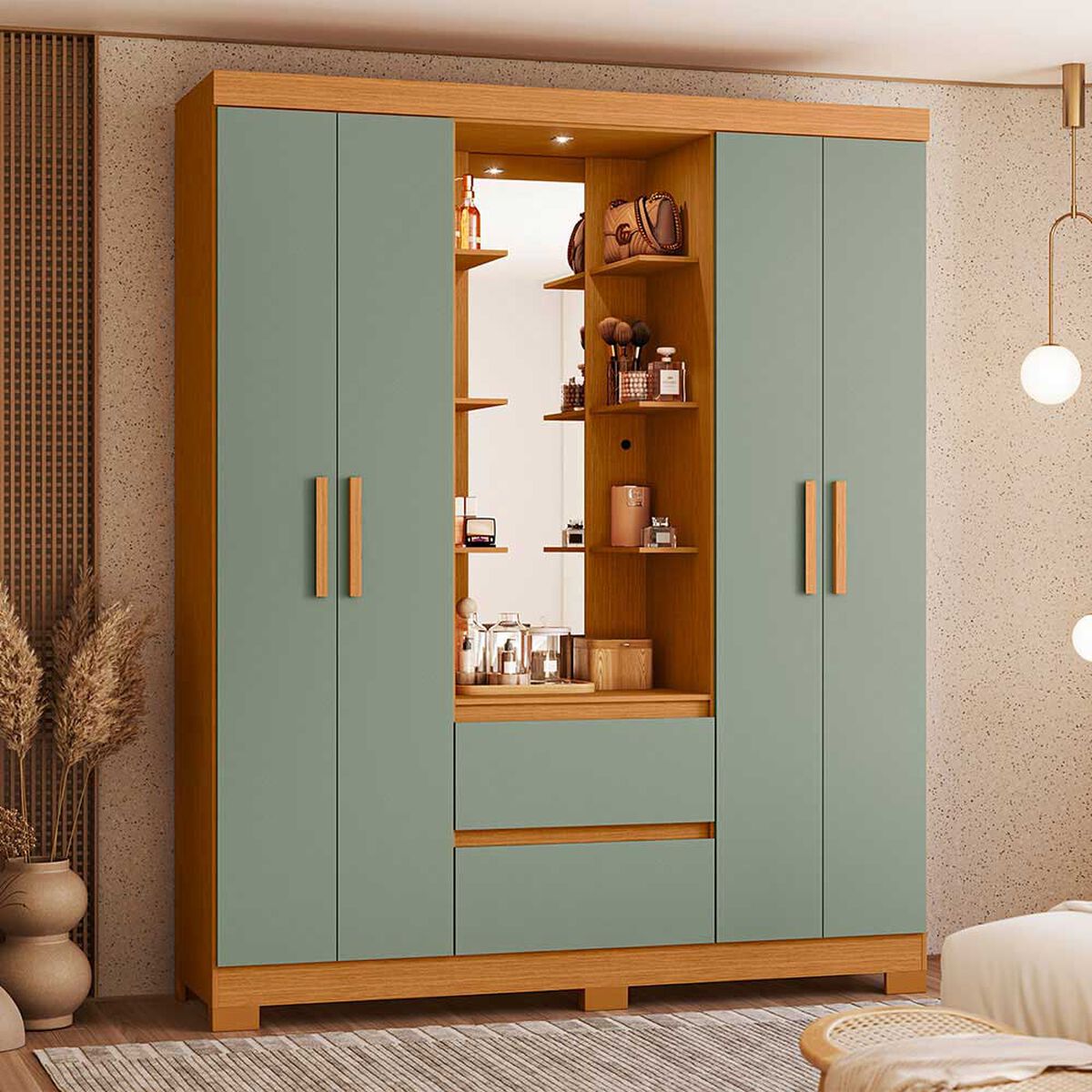 Closet Vekkahome Olimpia con Espejo 4 Puertas 2 Cajones Verde