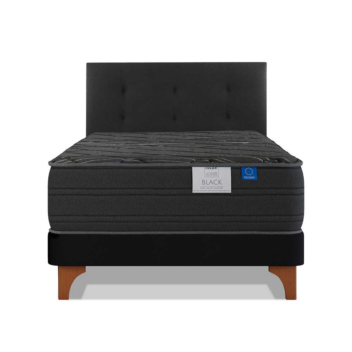 Cama Europea Flex 1,5 Plazas Black + Respaldo Royal Negro