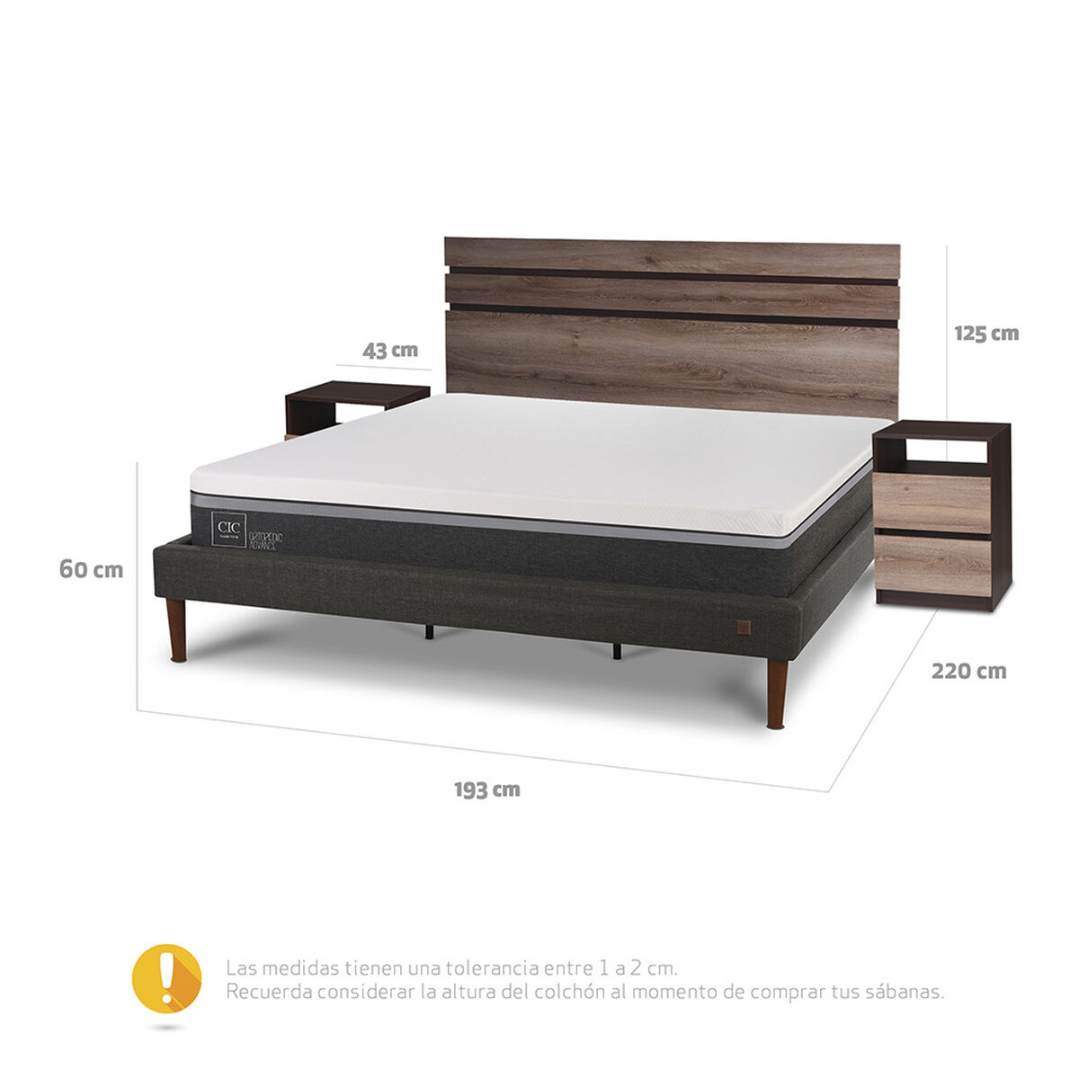 Cama Europea CIC King Ortopedic Advance + Respaldo Ares +  2 Veladores