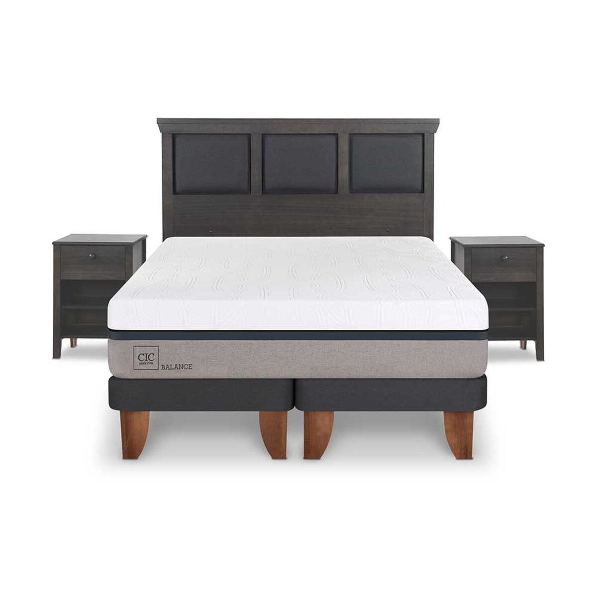 Cama Europea CIC Base Dividida King Balance + Respaldo + 2 Veladores Torino