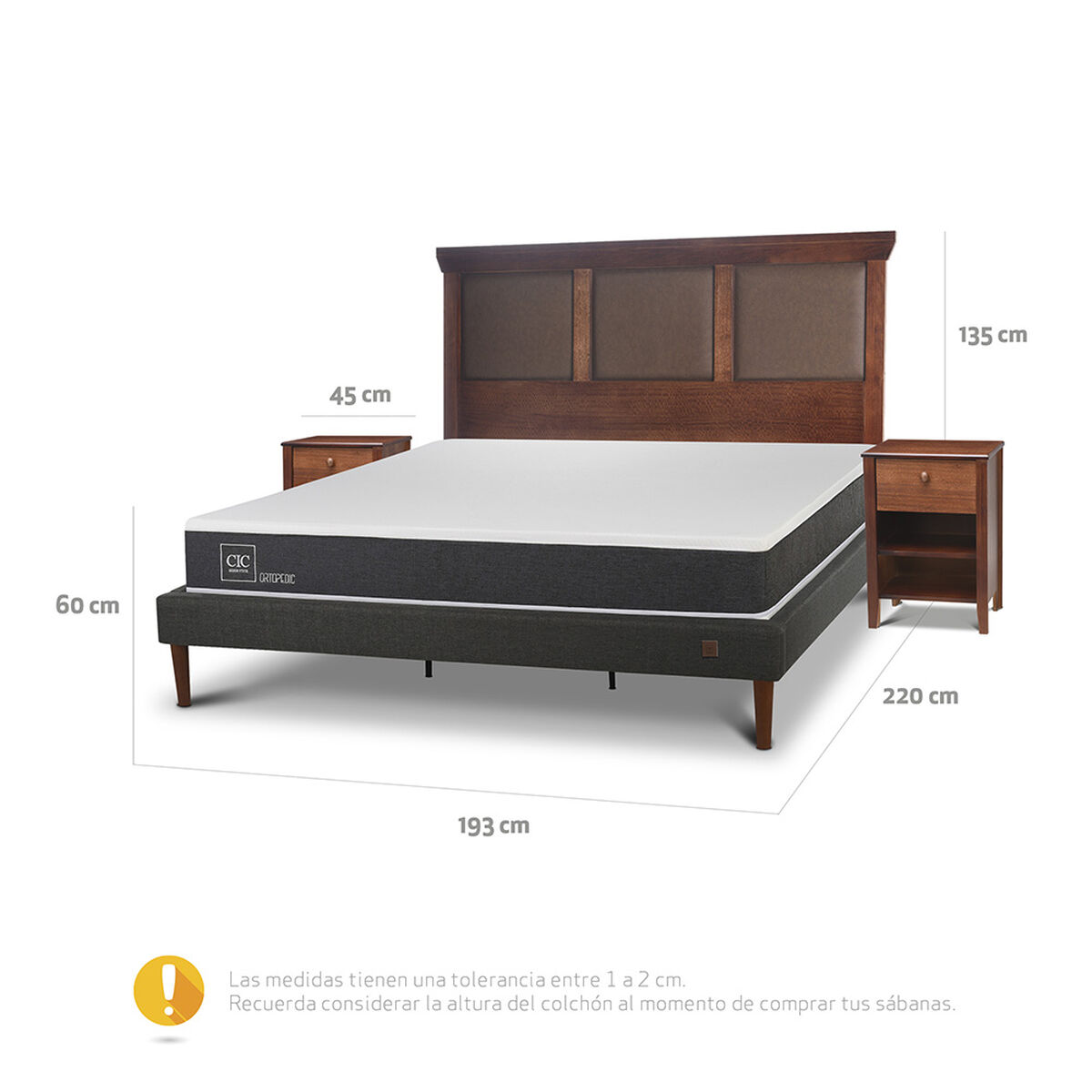 Cama Europea CIC King New Ortopedic + Respaldo New Torino Caramelo + 2 Veladores