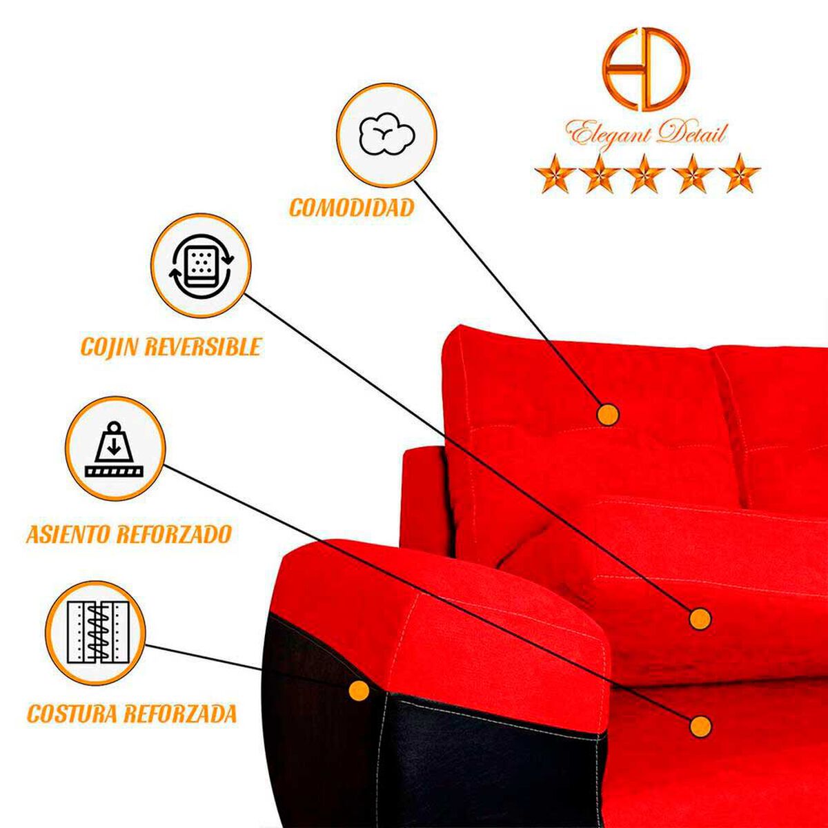 Seccional Izquierdo Elegant Houston Cheise Tela/PU 5 Cuerpos Rojo
