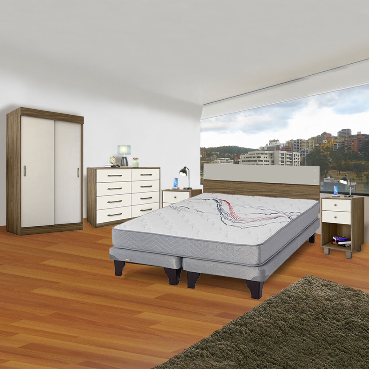 Combo Cama Europea Flex Base Dividida 2 Plazas Threrapedic Más Gris + Set Maderas Combinare Nogal + Clóset Bali 2 Puertas 2 Cajones + Cómoda Combinare 8 Cajones