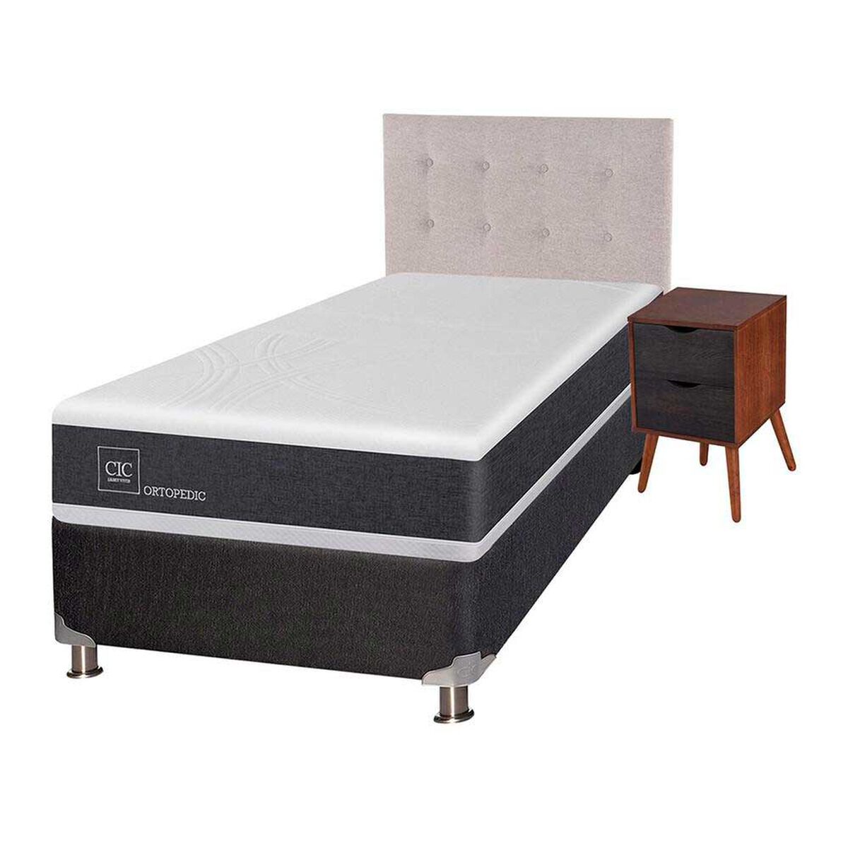Box Spring CIC 1,5 Plazas New Ortopedic + Respaldo + Velador Tigris