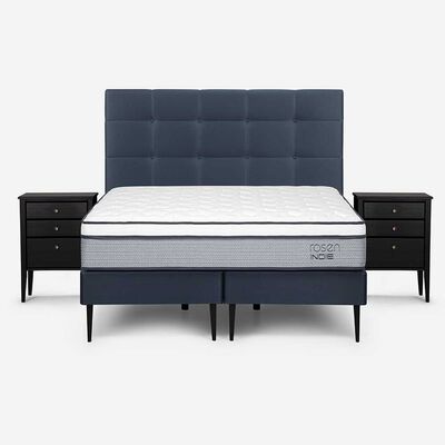 Imagen 1 del producto Cama Europea Rosen Base Dividida 2 Plazas Indie + Respaldo + 2 Veladores Issey Azul