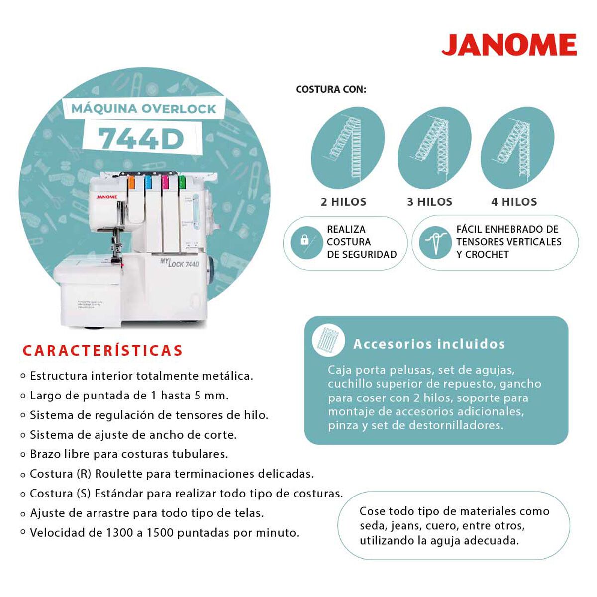Máquina de Coser Overlock Janome 744D
