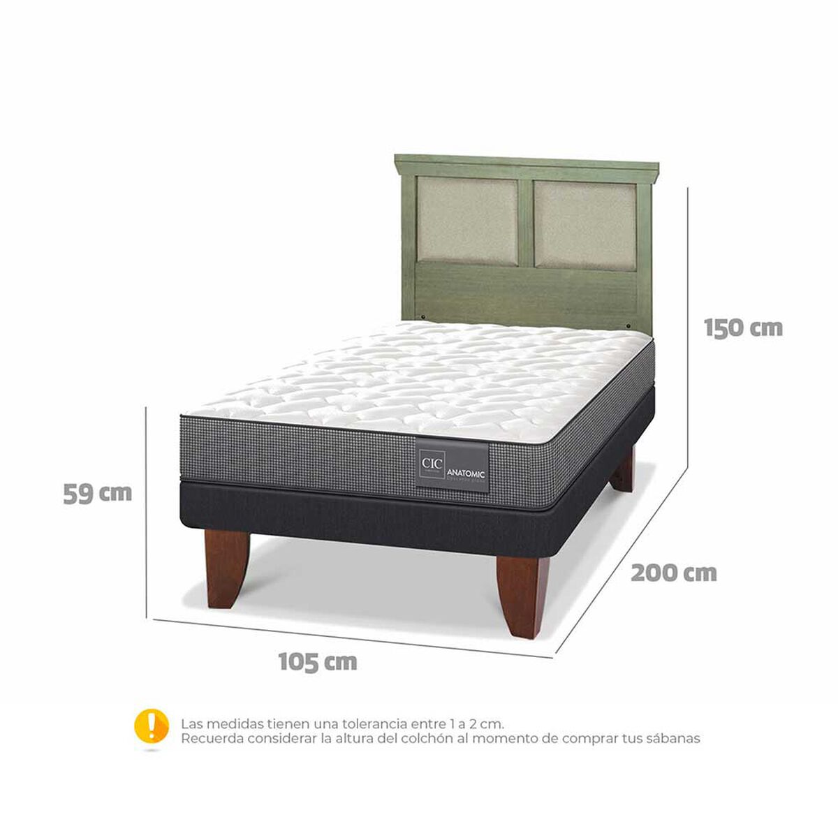 Cama Europea CIC 1,5 Plazas Anatomic + Respaldo Torino Olivo