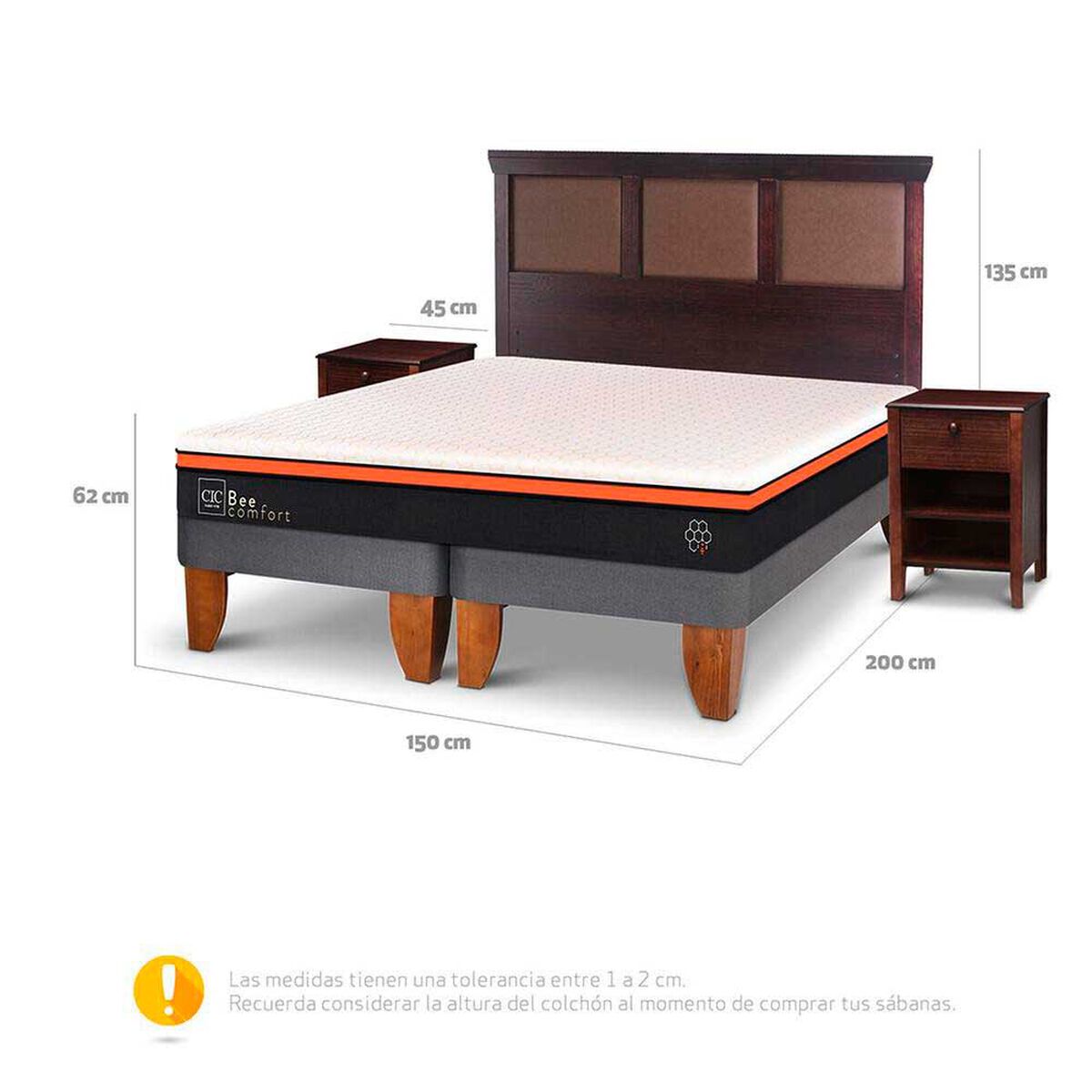 Cama Europea CIC Base Dividida 2 Plazas Bee Comfort + Respaldo + 2 Veladores