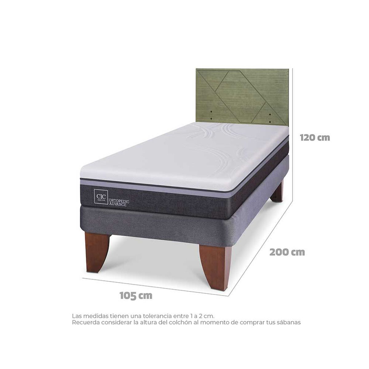 Cama Europea CIC 1,5 Plazas Ortopedic Advance + Respaldo Villarrica Olivo