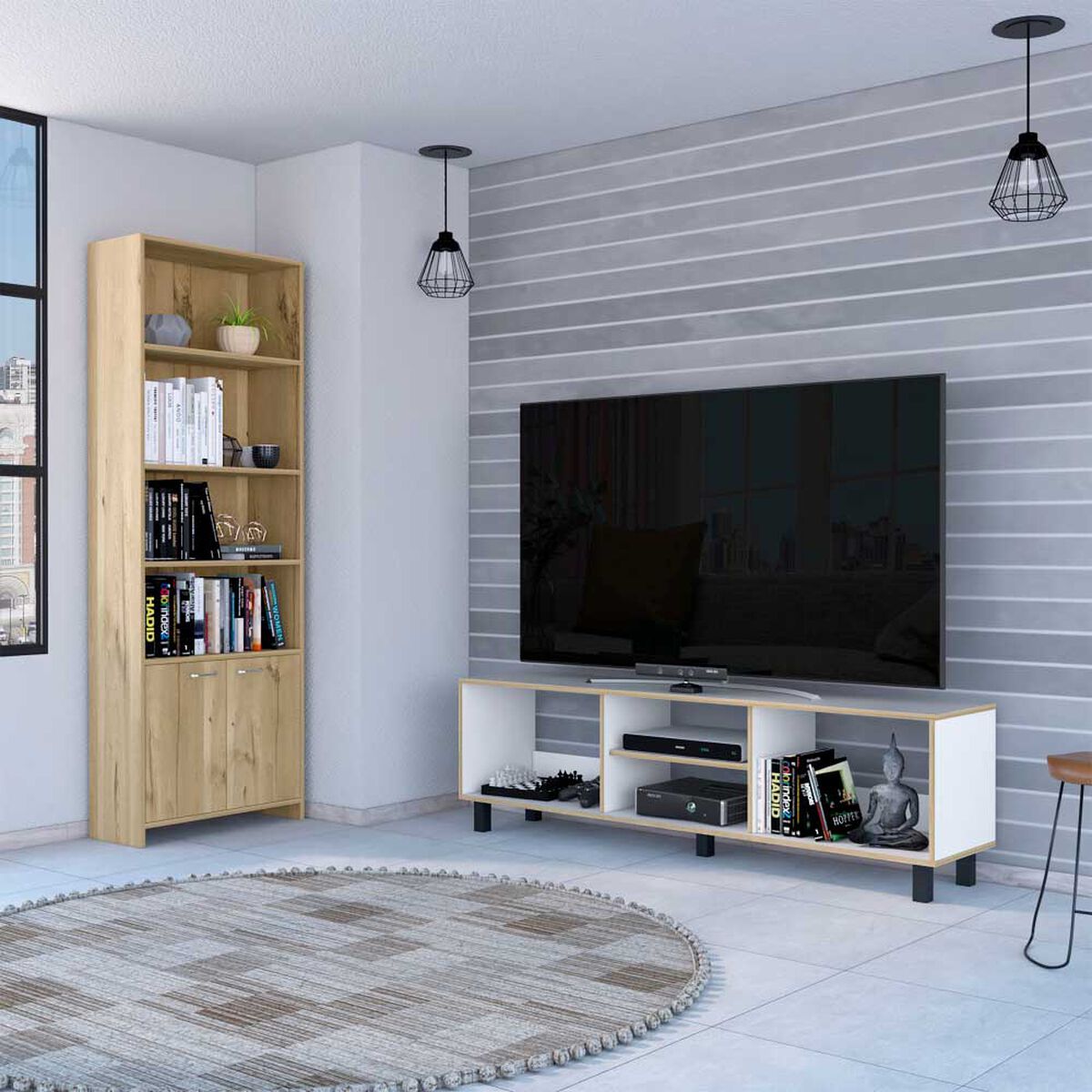 Combo Rack TV65 + Biblioteca TuHome Nomik Blanco Duna