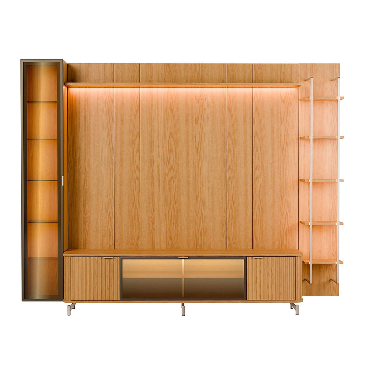 Rack TV 80" + Panel Neon Float Led + Vitrina + Repisas Decocasa Carvalho