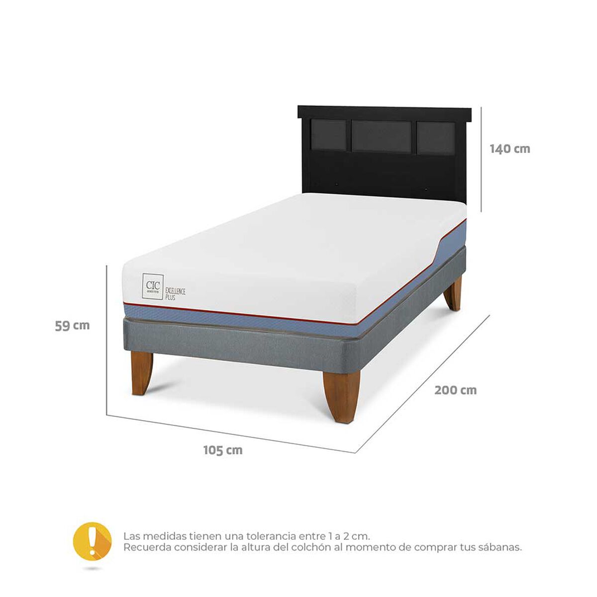 Cama Europea CIC 1,5 Plazas Excellence Plus + Respaldo Dublin Negro