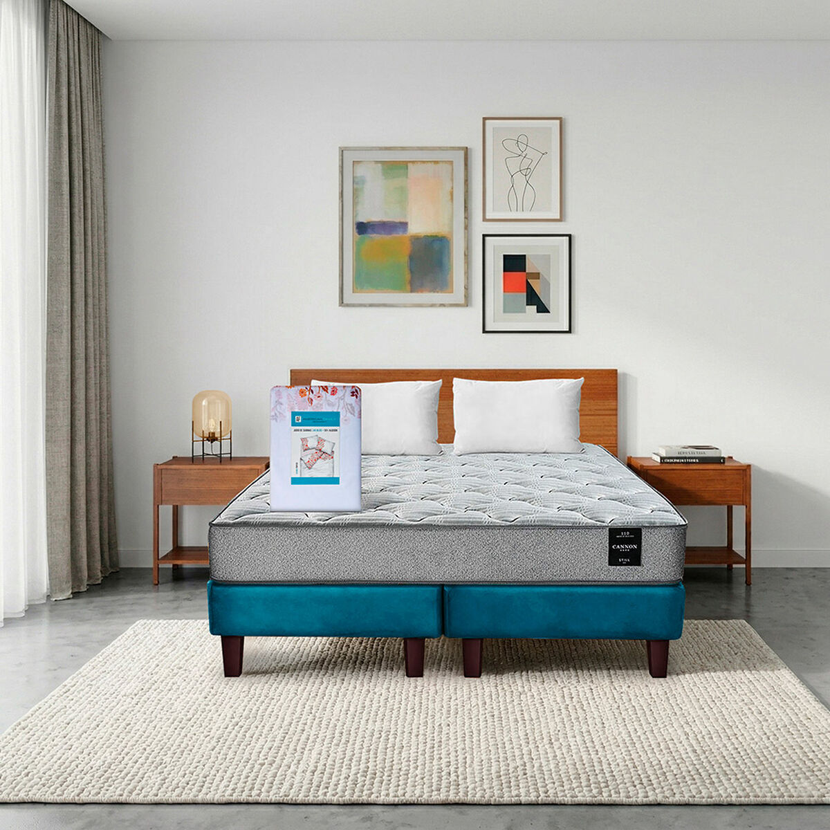 Combo Cama Europea Latam Home 2 Plazas Cannon BD Tela Azul + Textil + Respaldo + 2 Veladores Orion