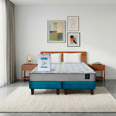 Combo Cama Europea Latam Home 2 Plazas Cannon BD Tela Azul + Textil + Respaldo + 2 Veladores Orion