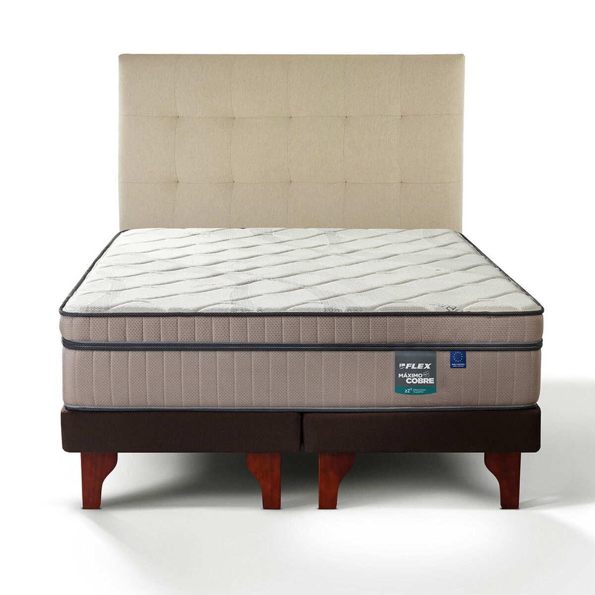 Cama Europea Flex Base Dividida King M&aacute;ximo Cobre + Respaldo Design Crudo