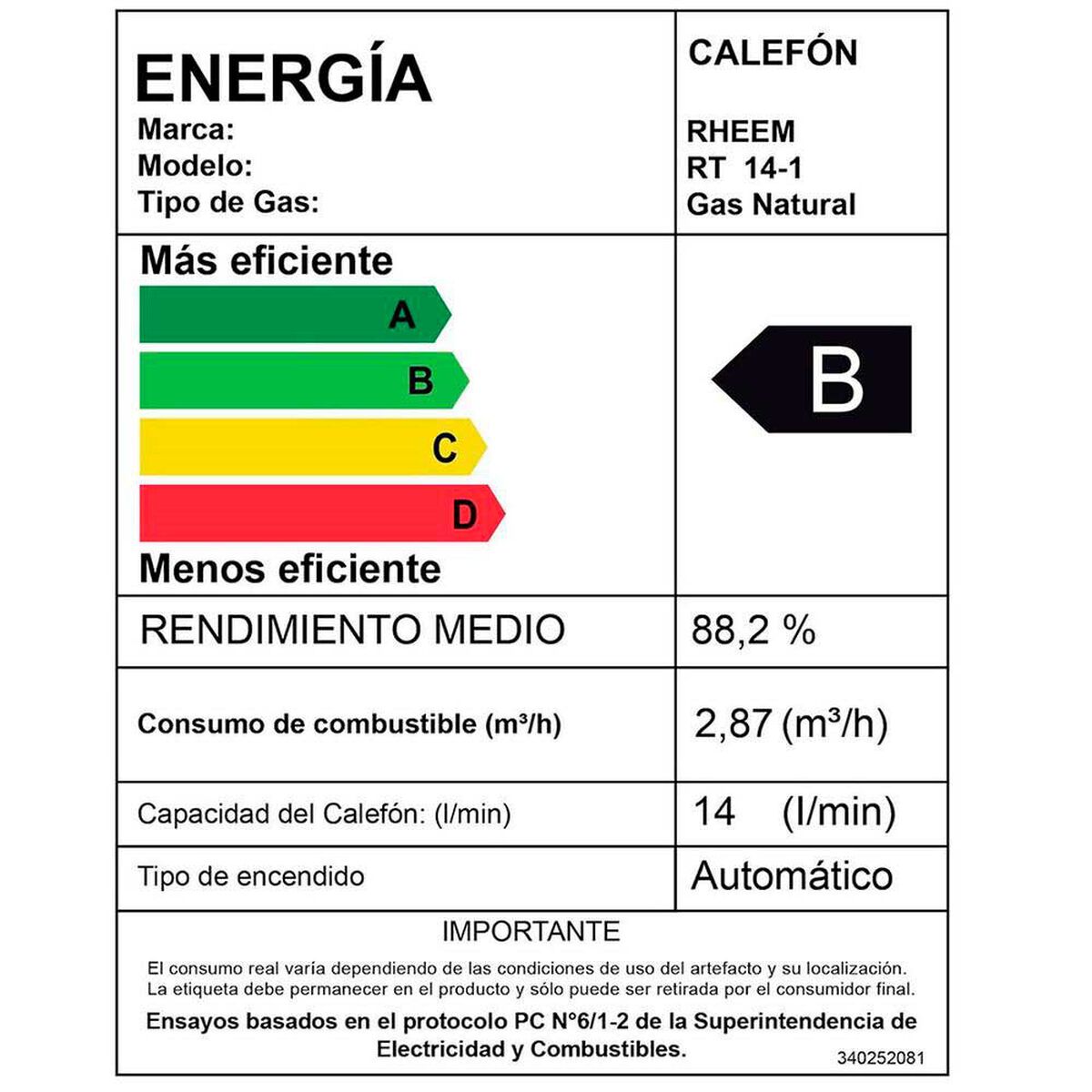 Calefont Gas Natural Rheem Tiro Natural Ionizado 14 lts.