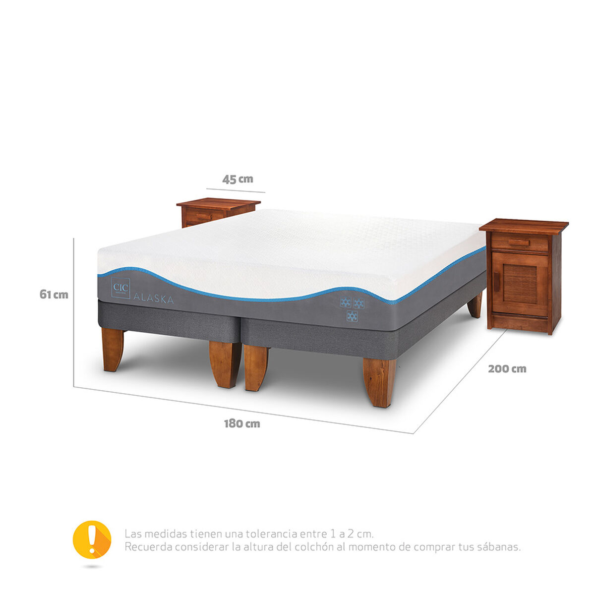 Cama Europea CIC Base Dividida King Alaska + 2 Veladores
