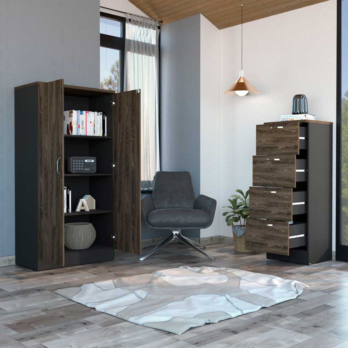 Combo Archivador 4 Cajones + Gabinete 2 Puertas TuHome Home Office Negro Soft-Co&ntilde;ac