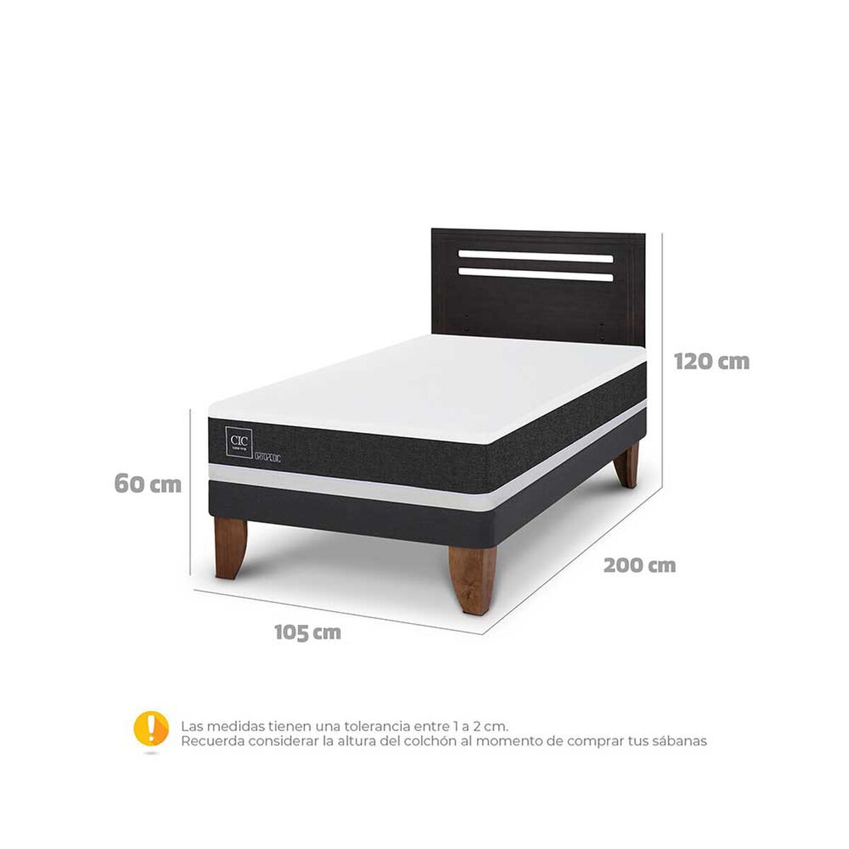 Cama Europea CIC 1,5 Plazas Ortopedic + Respaldo Munich Negro