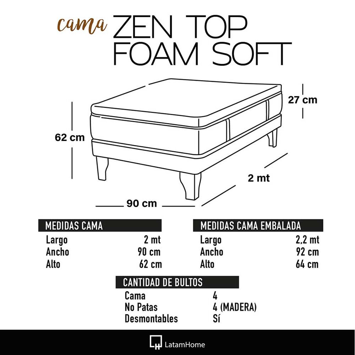 Cama Europea Latam Home 1 Plaza Zen Top Foam Soft Velvet Burdeo