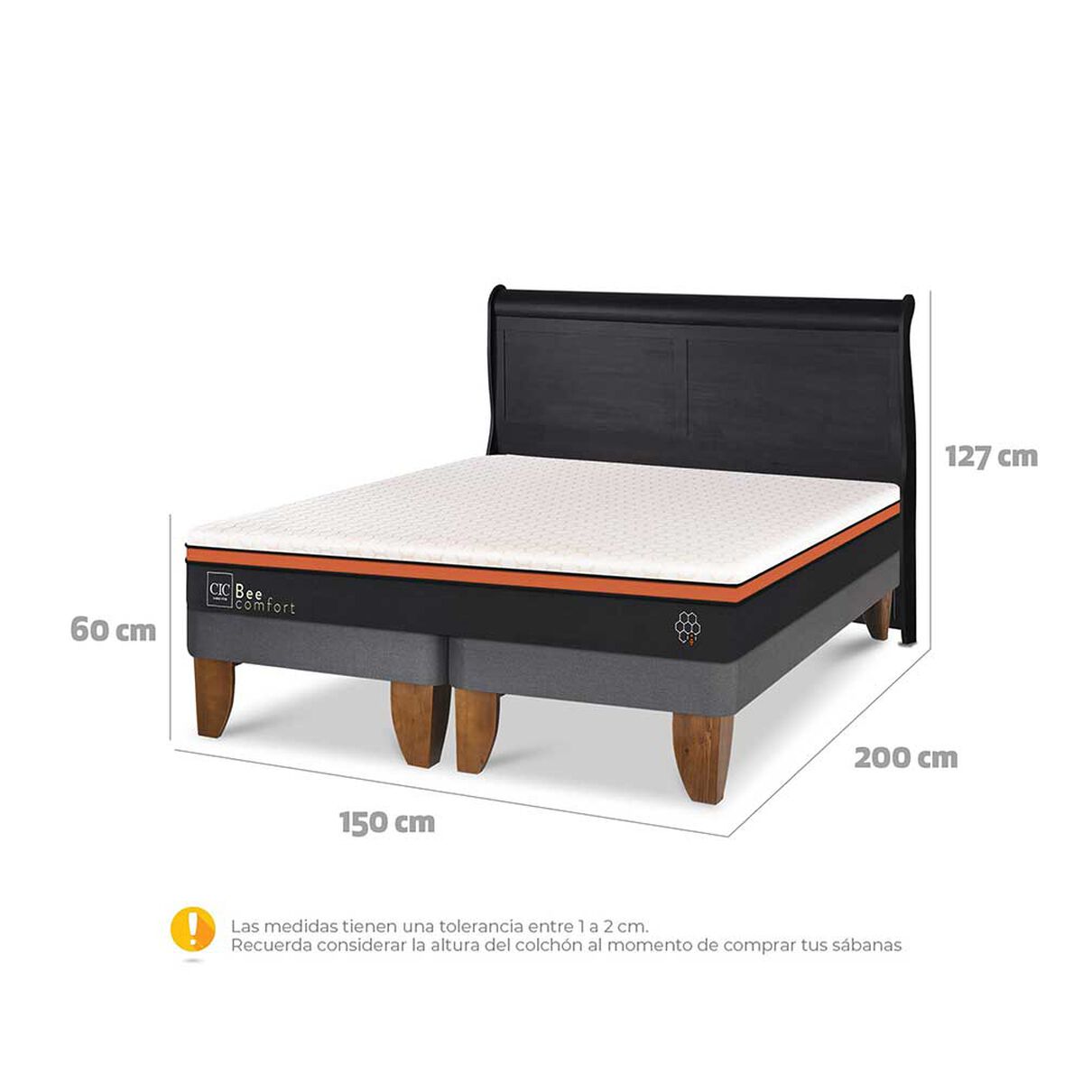 Cama Europea CIC Base Dividida 2 Plazas Beecomfort + Respaldo Miro Negro