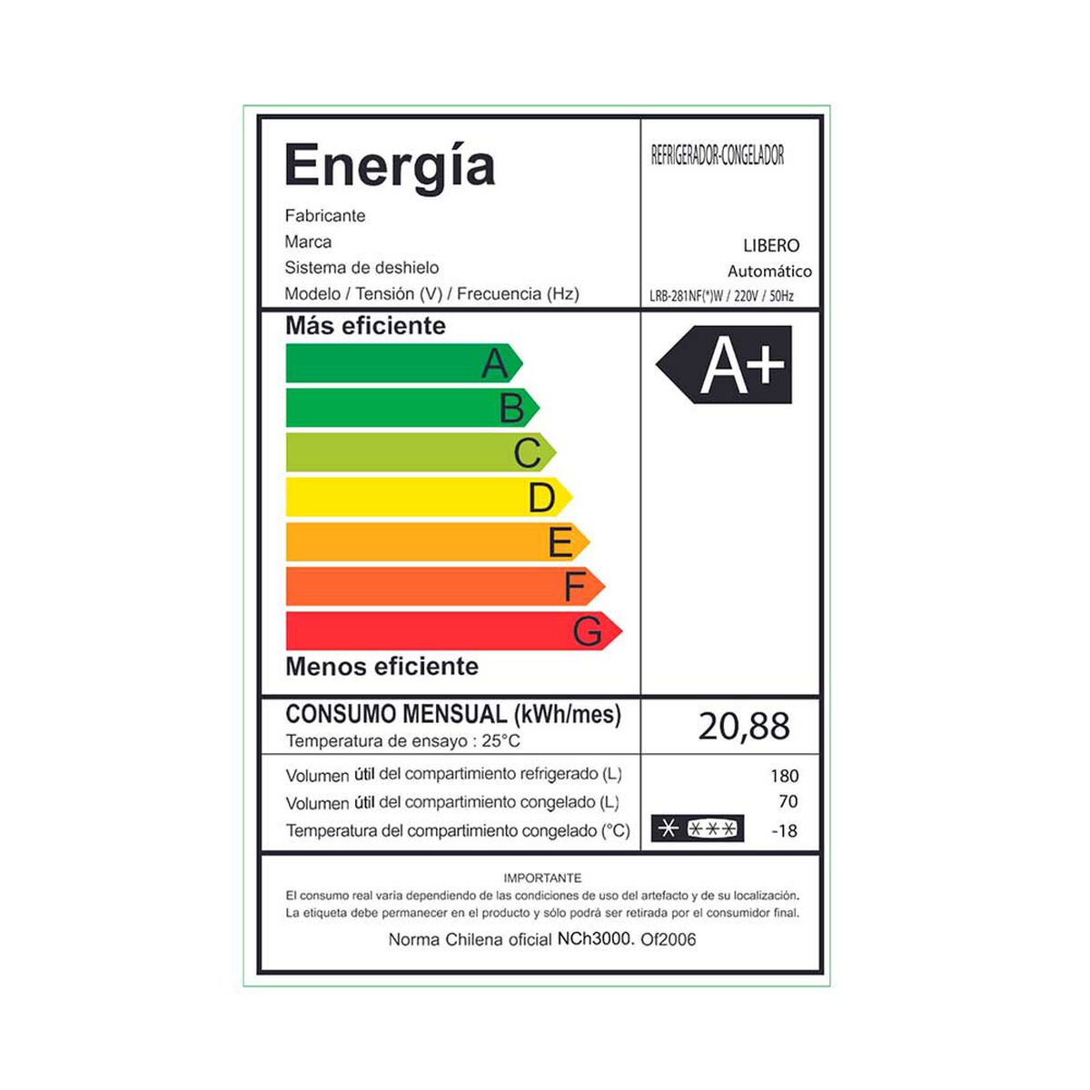 Refrigerador No Frost Libero LRB-281NFIW 250 lts.