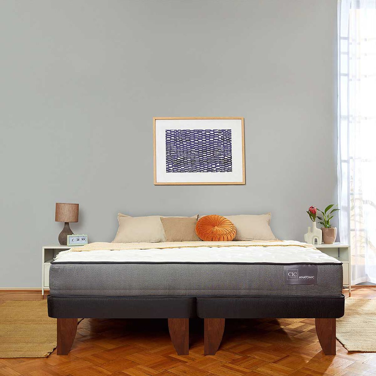 Cama Europea CIC Base Dividida 2 Plazas Anatomic + Respaldo Torino Mostaza