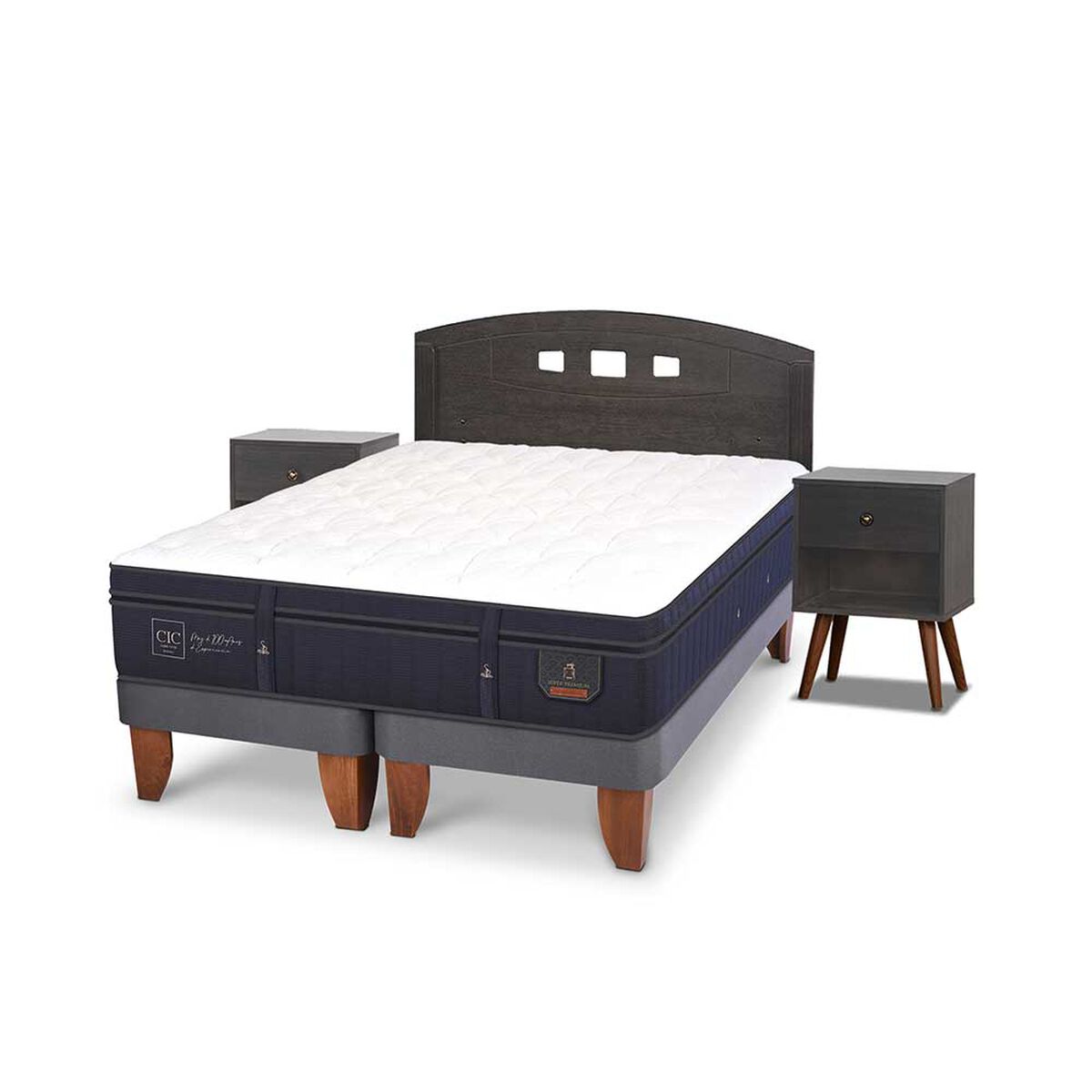 Cama Europea CIC Base Dividida 2 Plazas Súper Premium + Respaldo + 2 Veladores Gales