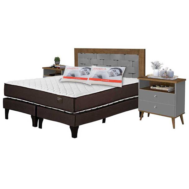 Combo Cama Europea Rosen Base Dividida 2 Plazas Ergo T + Respaldo + 2 Veladores Dreams Treliza Gris + Pack Almohadas Celta Imperial Soft