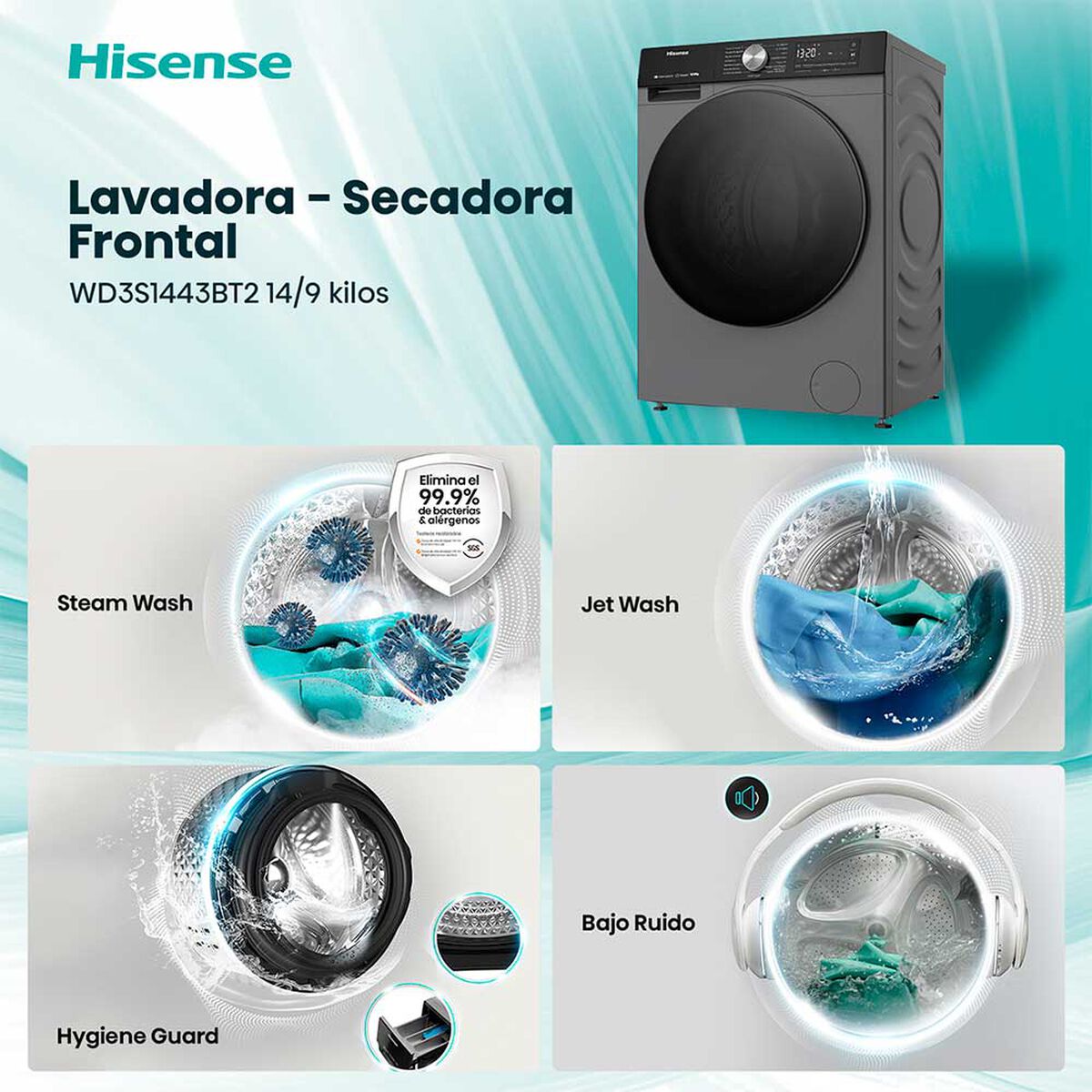 Lavadora Secadora Carga Frontal Hisense WD3S1443BT2 14/9 Kg Titanium