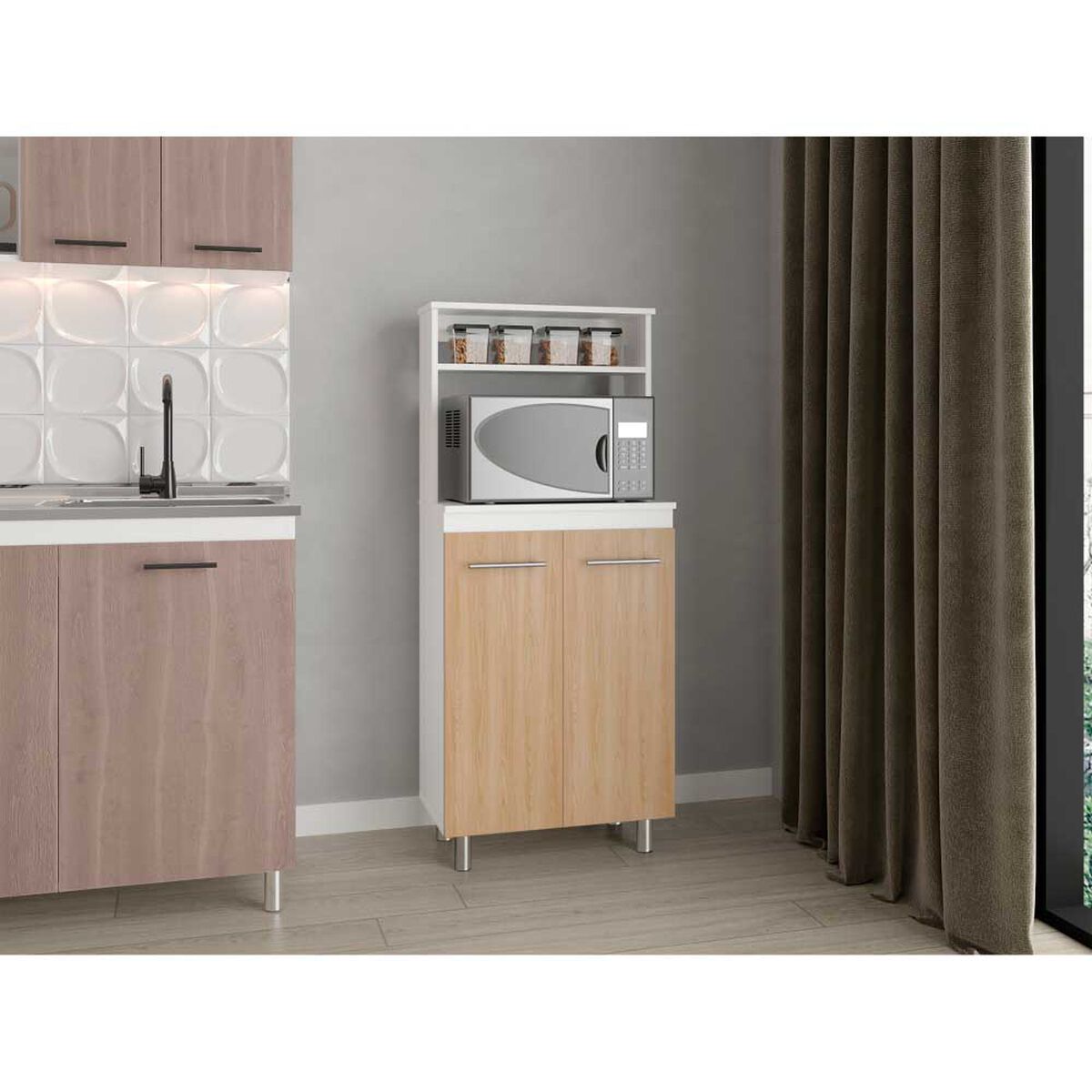 Mueble De Microondas Tuhome Sedona 2 P Blanco Y Fresno Europeo