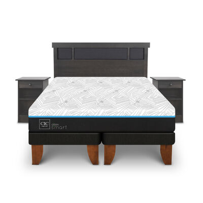 Cama Europea CIC Green Infinity King + 1 Respaldo + 2 Veladores Dublin Gris