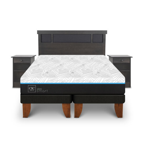 Cama Europea CIC Green Infinity King + 1 Respaldo + 2 Veladores Dublin Gris