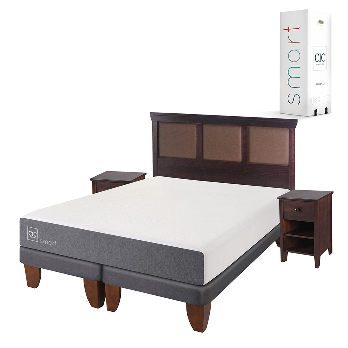Cama Europea CIC Base Dividida 2 Plazas Smart + Respaldo + 2 Veladores New Torino Chocolate